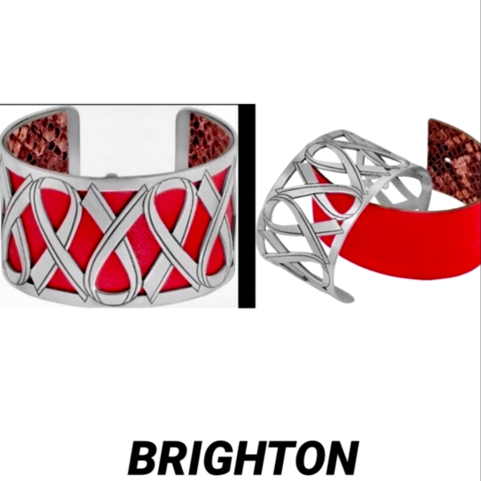 Brighton Christo "Wear Red" Cuff Reversible Bracelet Red Brown Leather Ribbon